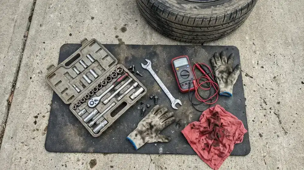 Mobile mechanic tools laid out on a work mat in Columbia SC
