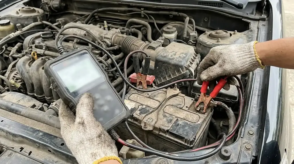Mechanic testing a car battery in Columbia, SC