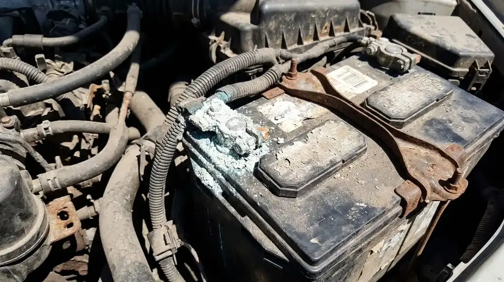 Corroded car battery terminals in summer heat