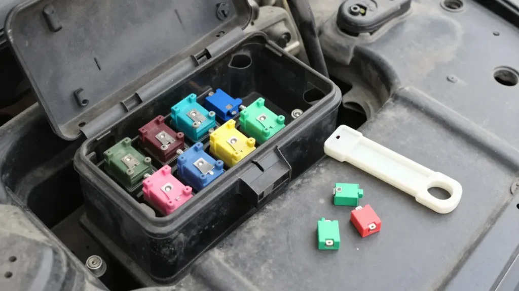 Under-hood fuse box with the lid off and a fuse puller on the fender cover