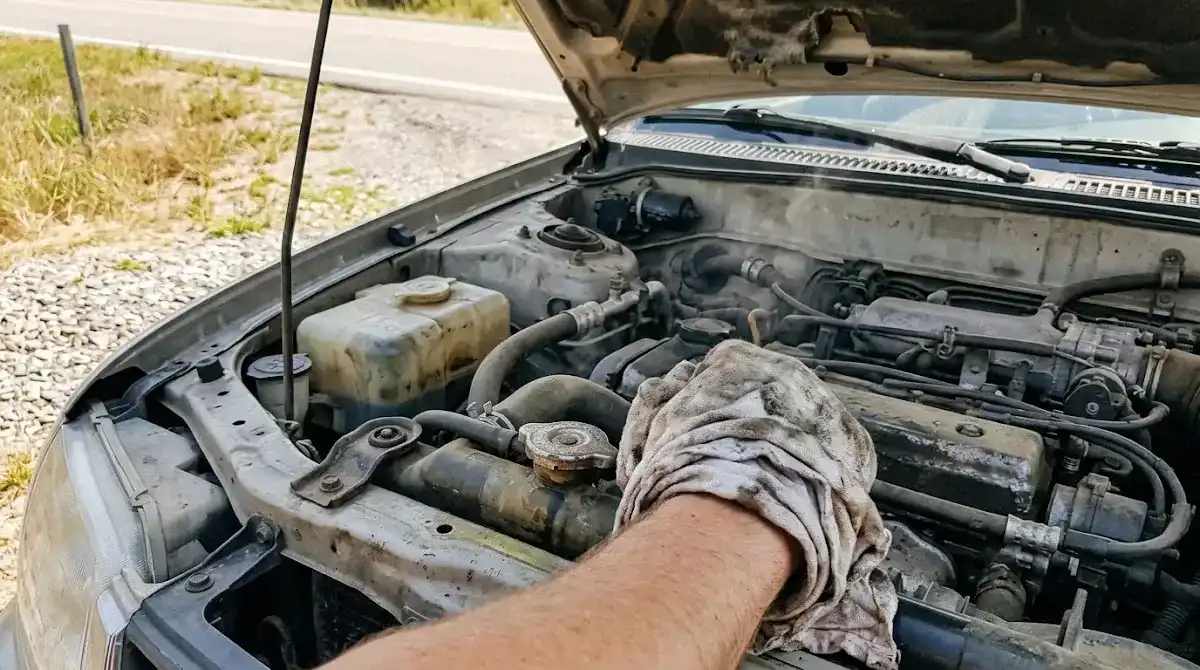 Mechanic fixing an overheating car on a Columbia SC roadside