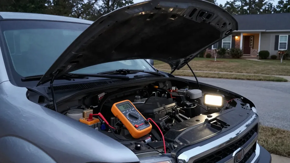 Multimeter clipped to a pickup truck battery in a Columbia SC driveway