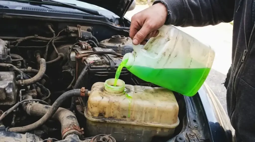 Mobile mechanic topping up coolant in a car's radiator in Columbia SC
