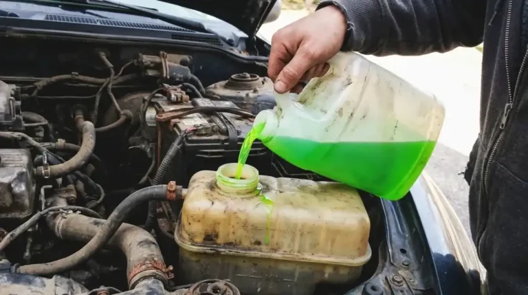 Mobile mechanic topping up coolant in a car's radiator in Columbia SC