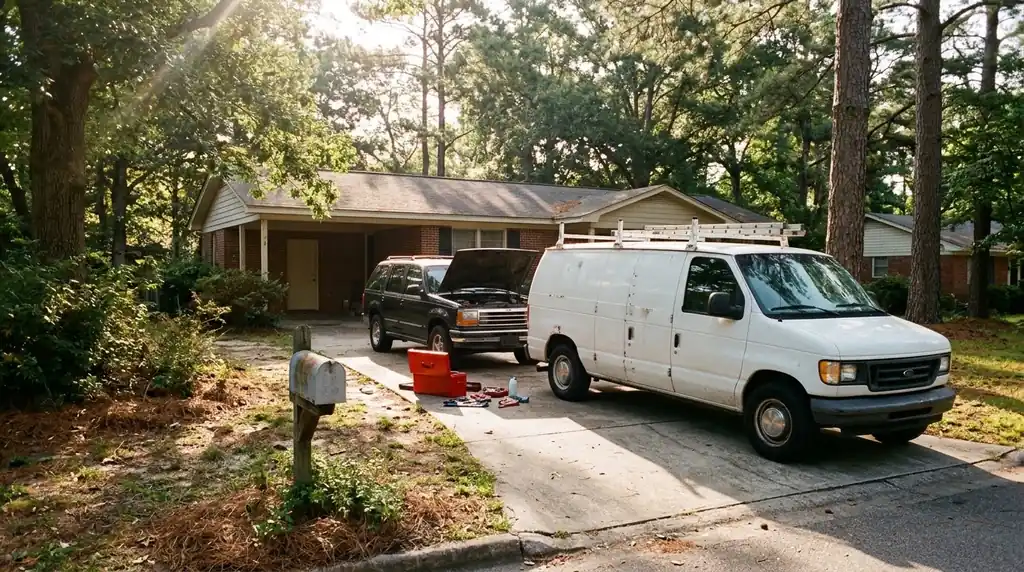 Mobile mechanic van and SUV in a Columbia, SC driveway