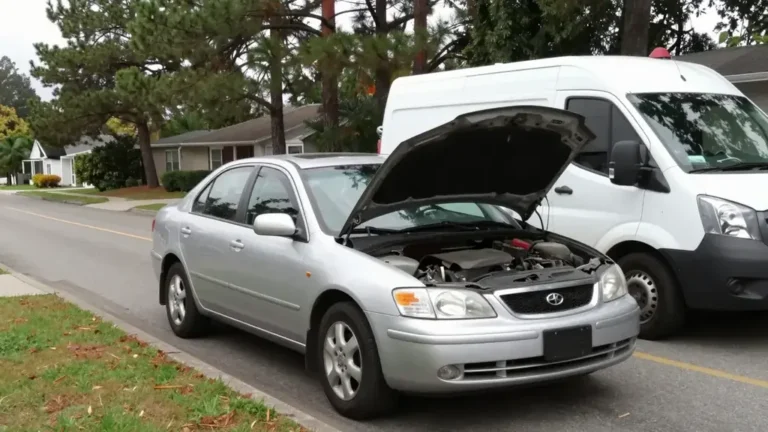 Broken-down car with the hood up on a Columbia, SC street, a work van parked behind it