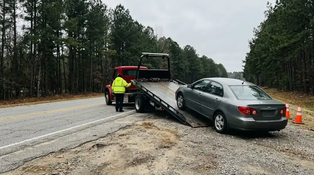 Tow truck loading a car on a roadside